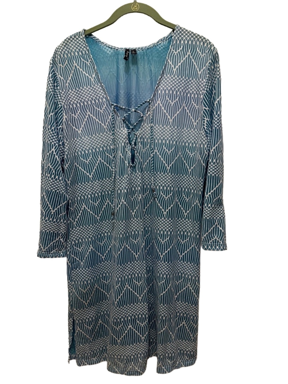 Portocruz Women’s Blue Patterned Swim Cover-Up with Lace-Up V-Neck